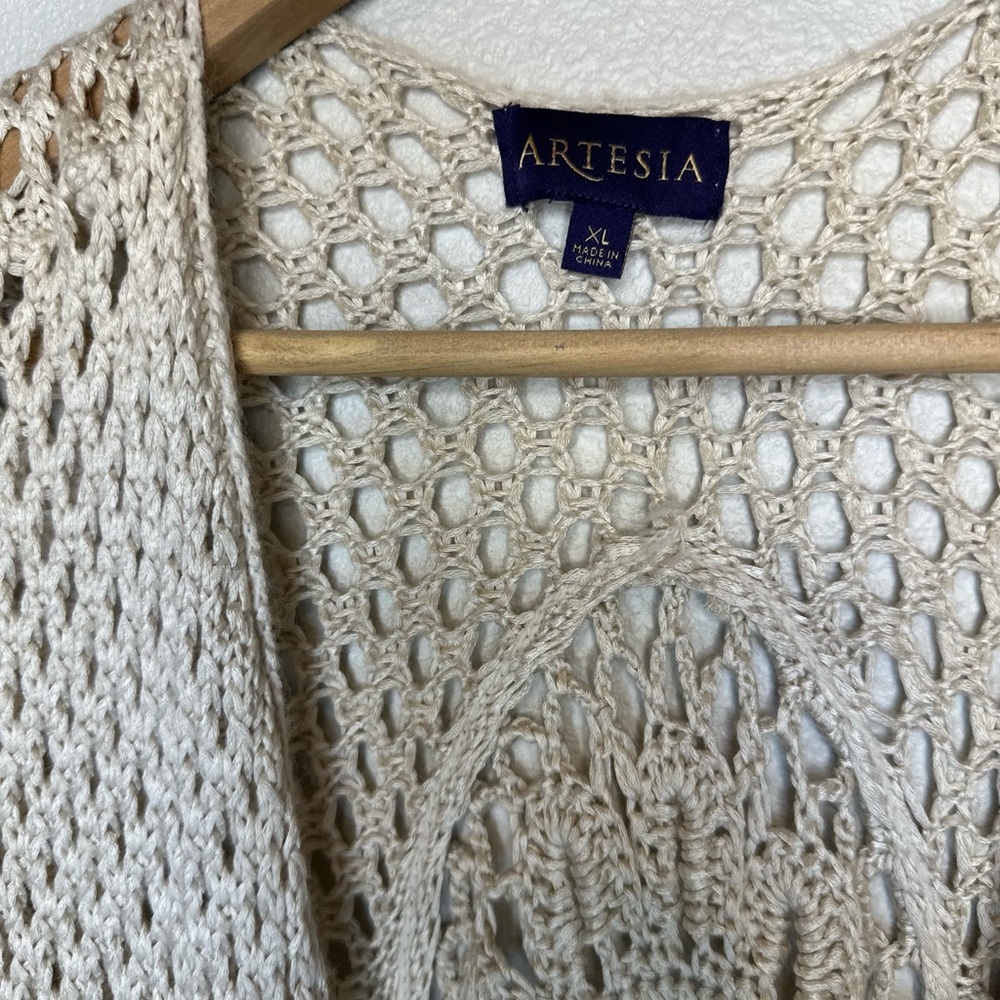 Women's Beige Crochet Long Vest, Kimono, Poncho - Picture 4 of 6